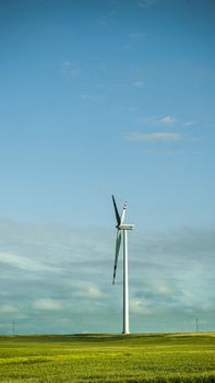 Vertical shot of a wind turbine in a vast green field under a clear blue sky, epitomizing renewable energy
