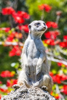 A meerkat stands alert on a mound, surrounded by vivid red flowers and lush greenery in the summer sun.