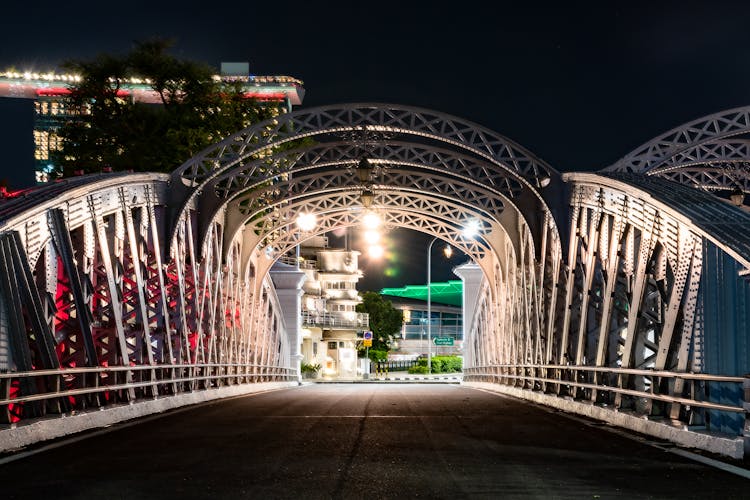 View Of Illuminated Anderson Bridge In Singapore At Night 