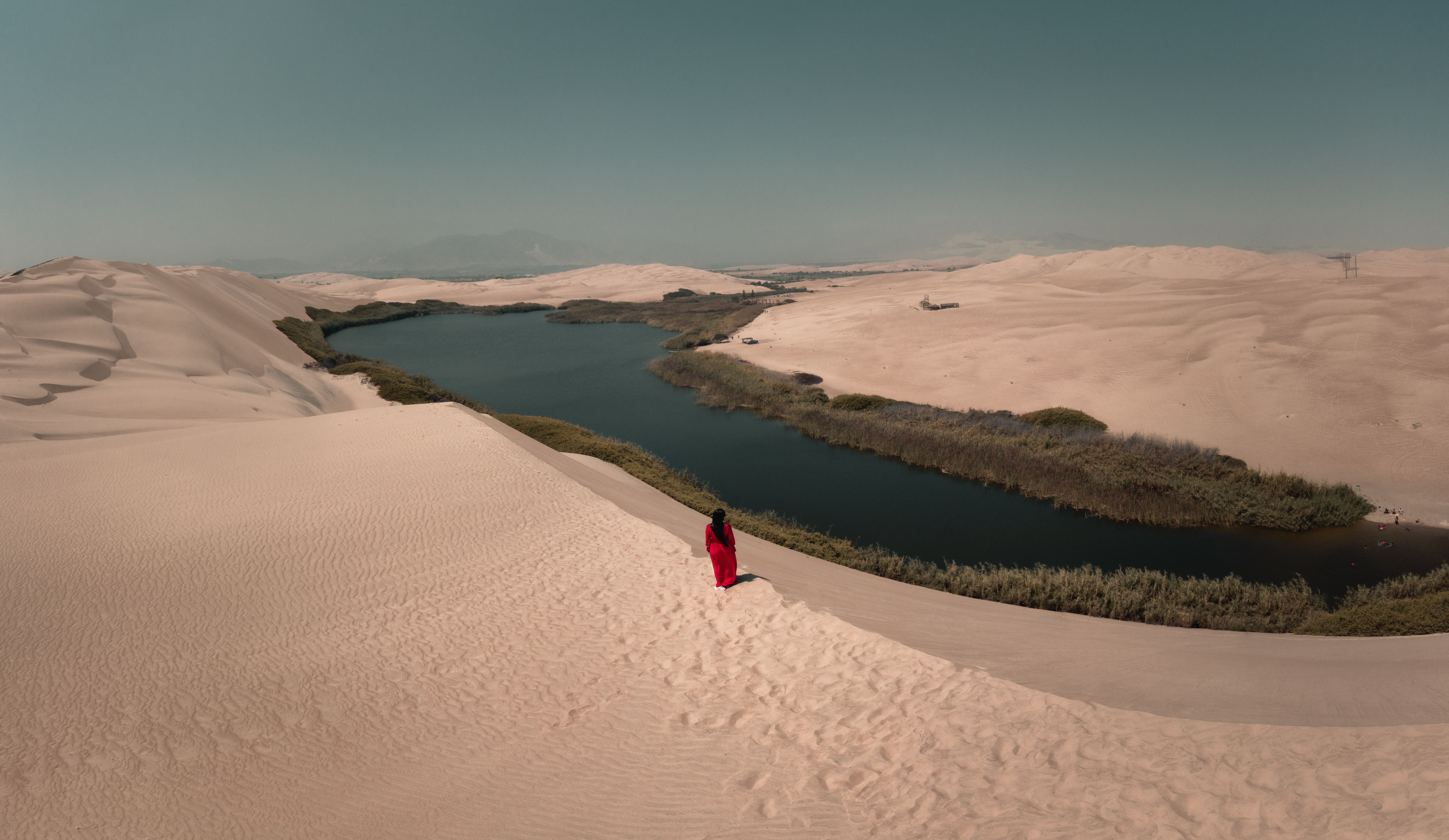 A striking aerial shot capturing a desert oasis with a woman in red, showcasing contrast.