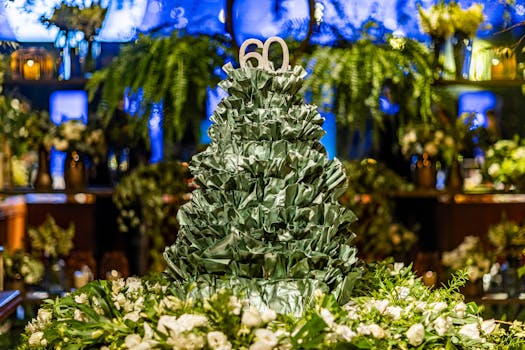 Beautiful decor setup for a 60th birthday celebration with green and floral elements.