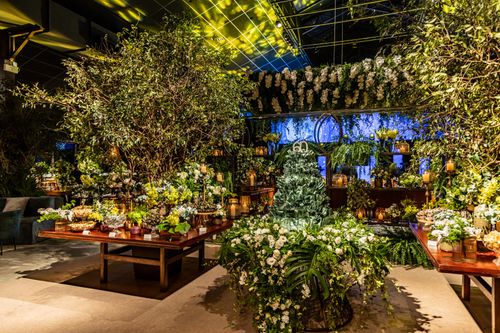 Free Opulent green-filled venue with floral arrangements ideal for special occasions or banquets. Stock Photo