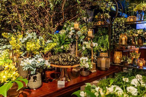 Free Luxurious table setting adorned with lush green plants and candlelight for a special occasion. Stock Photo