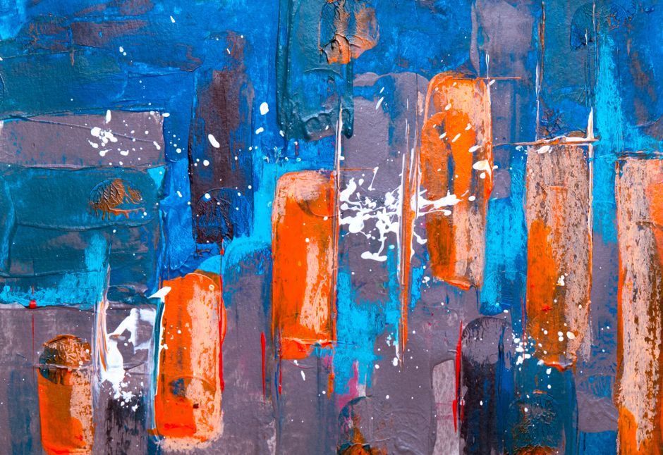 Dynamic abstract painting with vivid blues and oranges for contemporary wall art.