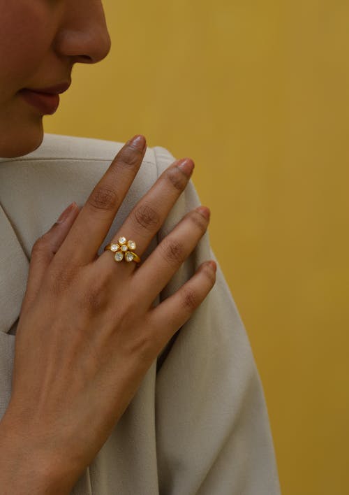 Floral Shaped Ring on Woman Finger