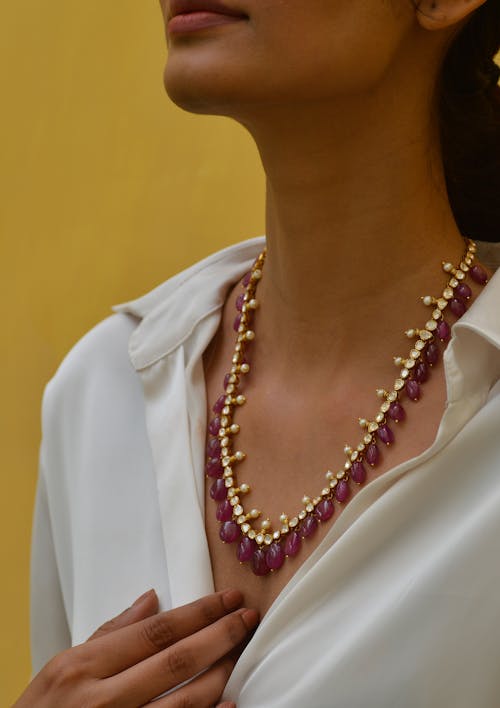 Necklace with Rubies and Diamonds on Woman Neck