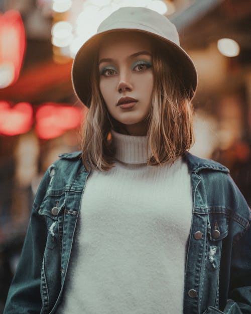 Model in Turtleneck Sweater and Hat