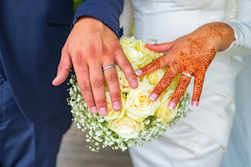 Close-up of Couple Showing Rings on Hands