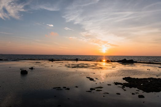 Tranquil beach sunset with golden light reflecting on the water.