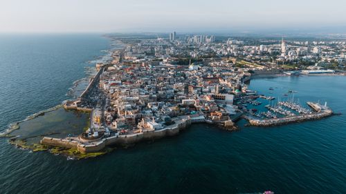 Free Stunning aerial view of Acre's historic old town and harbor on a sunny day. Stock Photo