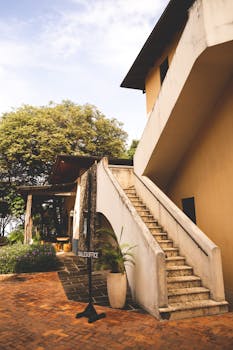 Charming historic building with stone steps and lush trees in a serene summer setting.