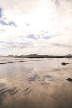 Wide-angle shot of a tranquil beach with a lagoon reflecting a cloudy sky, captured at dawn.