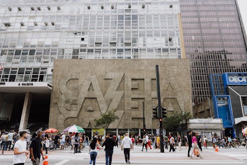 A Crowd in front of the Gazeta Theatre Building in Sao Paulo, Brazil 