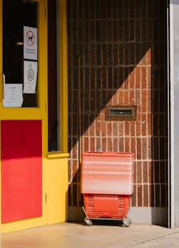 Stacked red plastic shopping baskets outside a vibrant yellow and red store entrance.