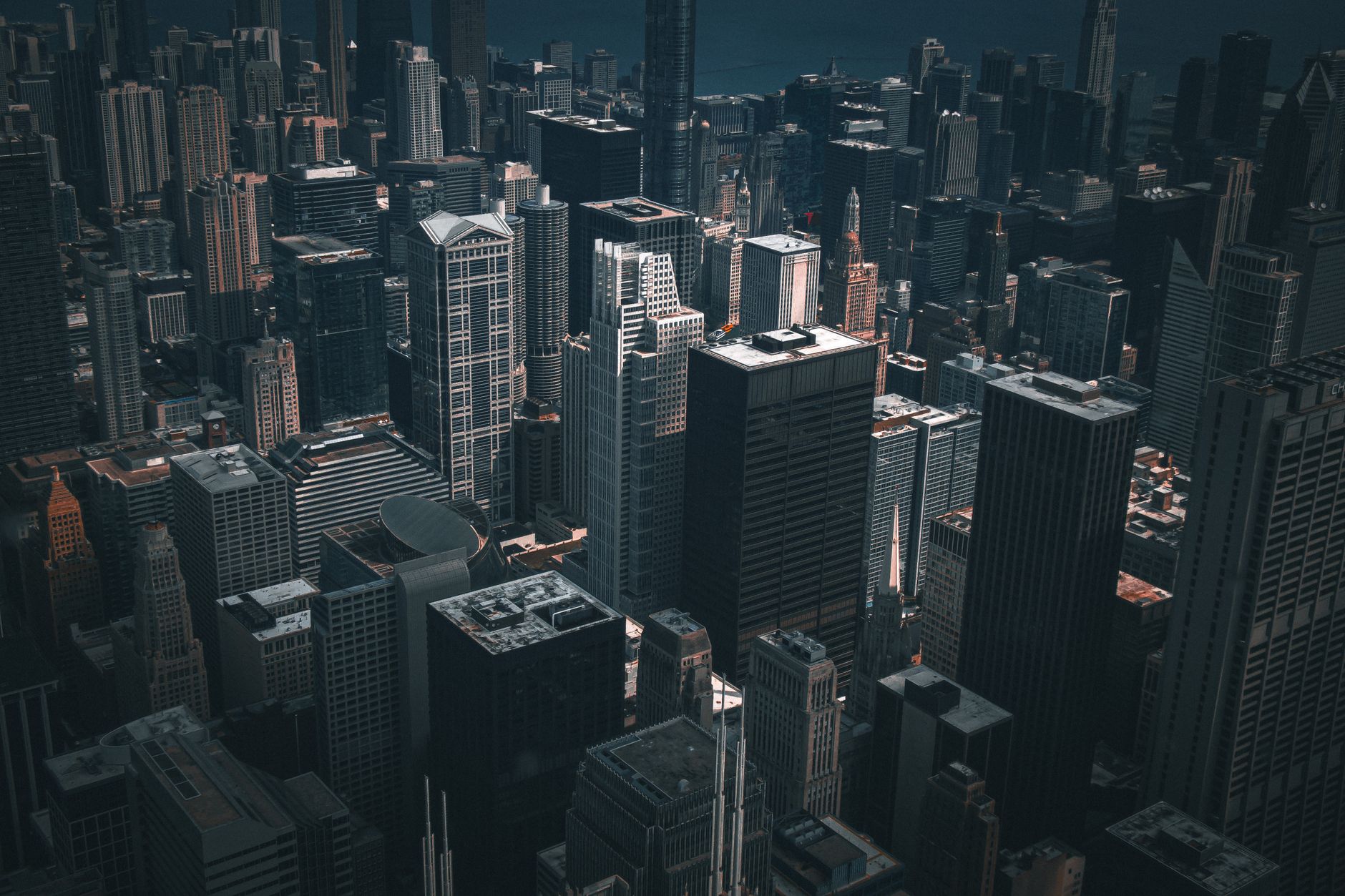 Stunning aerial view of Chicago's downtown skyscrapers highlighting urban architecture.