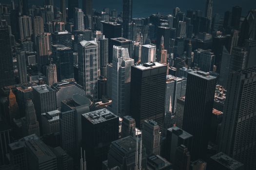 Stunning aerial view of Chicago's downtown skyscrapers highlighting urban architecture.
