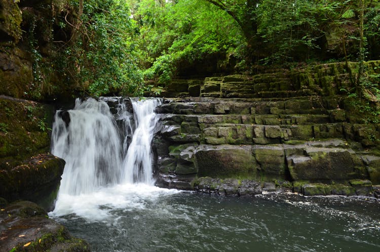 Stone Stairs By Waterfall In Forest