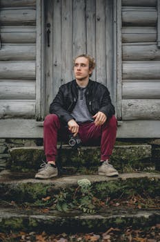 一名男子坐在小木屋的楼梯上，手持单反相机，神情轻松而沉思