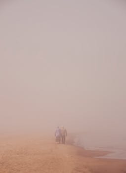 An elderly couple walks on a fog-covered beach, creating a serene and moody atmosphere.