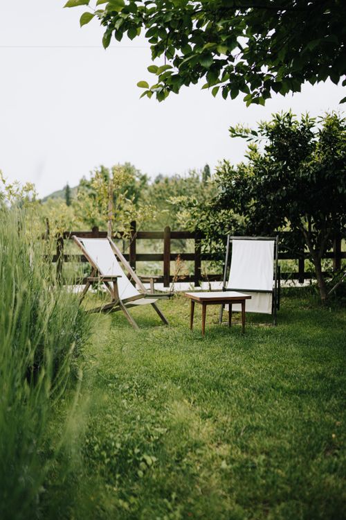 Free Tranquil garden scene with lounge chairs, perfect for outdoor relaxation. Stock Photo