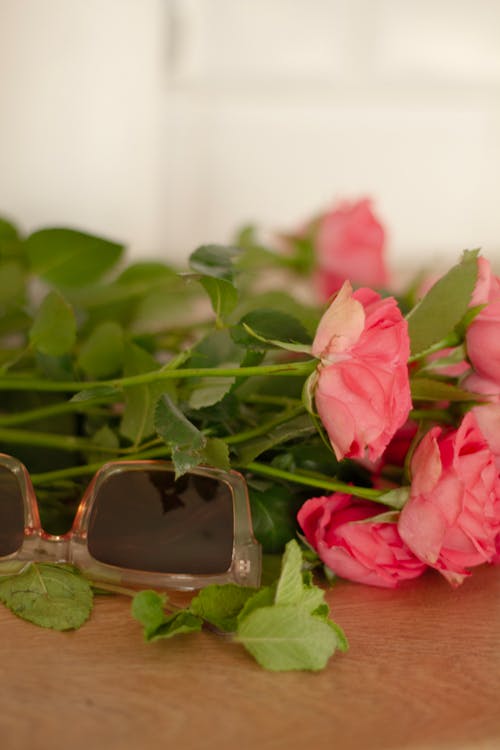 Pink Flowers Lying Down near Sunglasses