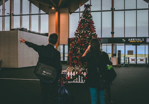 Young couple observes Christmas tree inside airport terminal.