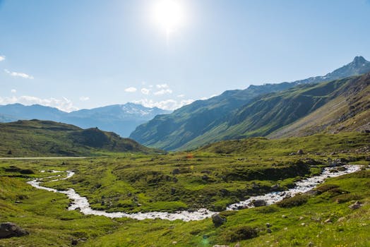 Beautiful Alpine valley with a flowing stream in Saint Moritz, Switzerland under a clear sky.