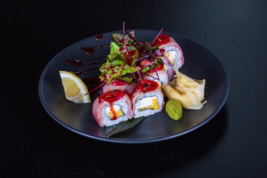 Close-up of a gourmet sushi roll platter with fresh garnishes, lemon wedge, and wasabi on a dark plate.