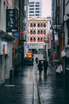 一条潮湿的城市小巷里，人们撑着伞行走，两旁是充满活力的霓虹灯标志和历史悠久的建筑