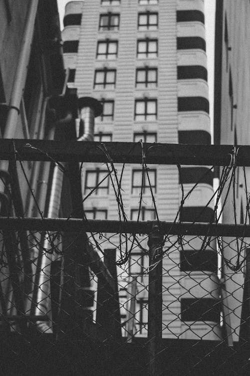 бесплатная Фотография в оттенках серого забор из звена цепи возле здания Стоковое фото
