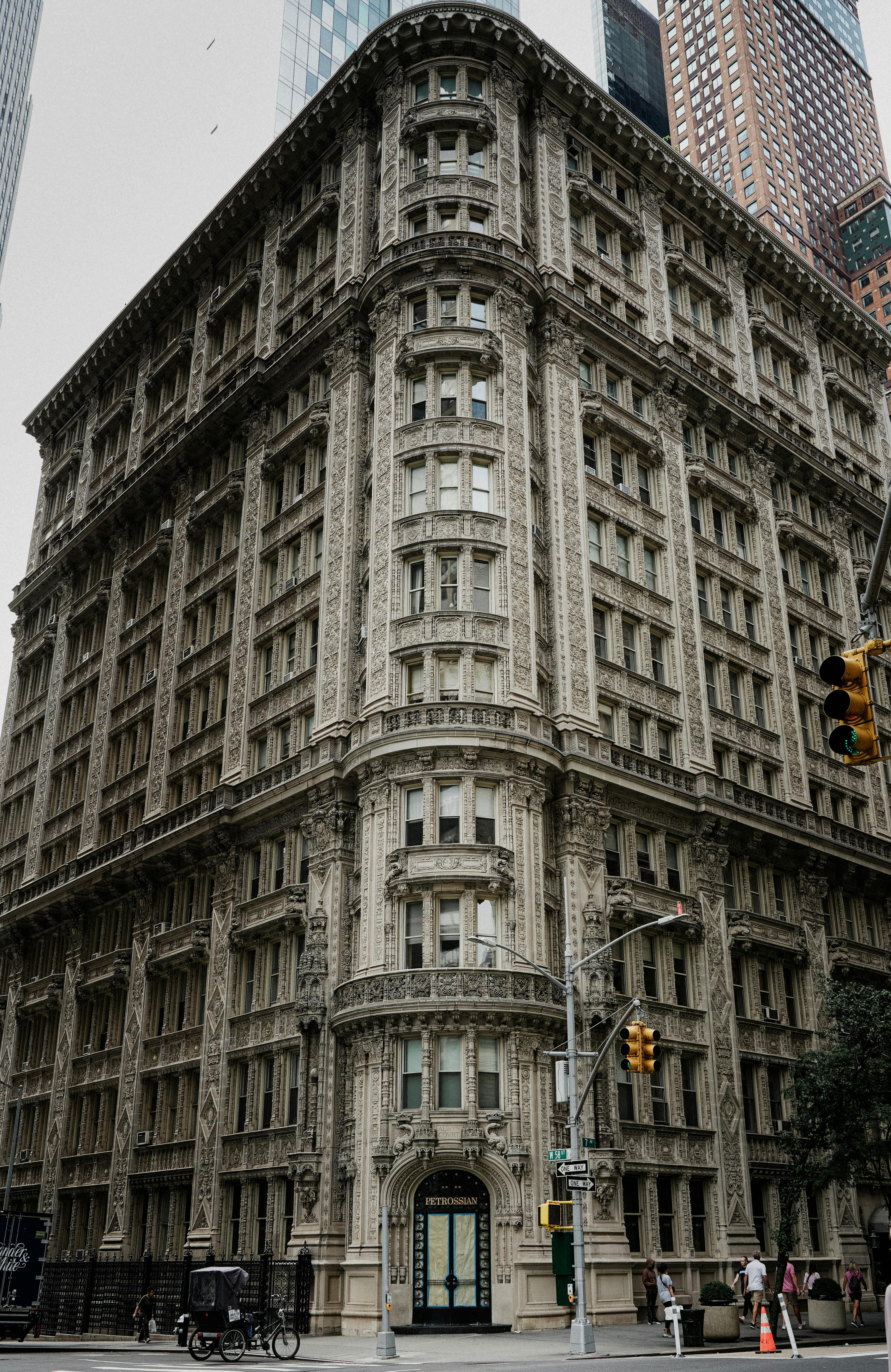 Intricate architectural details of Alwyn Court building, a landmark in New York City.