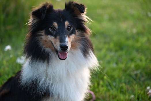 Charming Sheltie dog smiling in a sunny garden, evoking joy and playfulness.