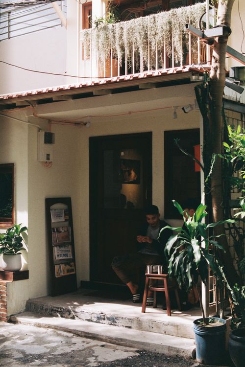 Free Cozy coffee shop entrance with a person sitting, surrounded by lush plants. Stock Photo