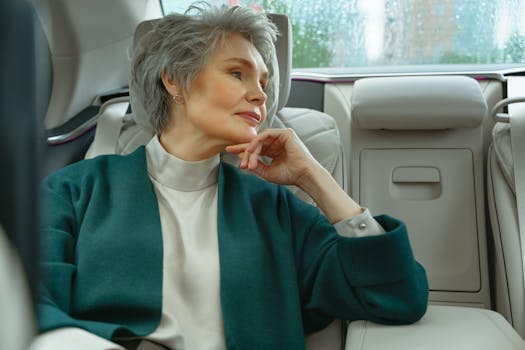 An elegant senior woman with short hair relaxes in a luxurious car interior, exuding confidence and style.