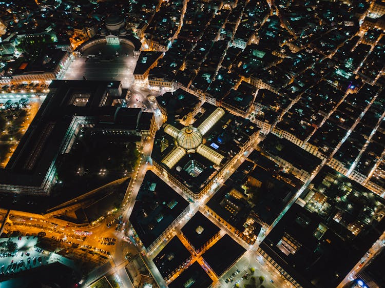 Aerial View Of Naples At Night, Italy 