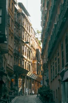 Explore a narrow, cobblestone street in Istanbul featuring historic architecture and urban charm.