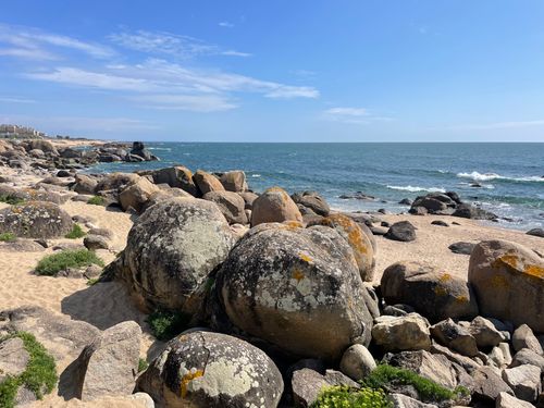 Free Explore a tranquil rocky beach with ocean waves under a clear sky, perfect for summer vibes. Stock Photo