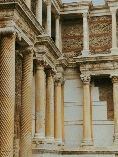 Free Vertical view of the ancient Roman colonnade at the Sabratha theatre in Libya. Stock Photo