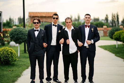 Group of well-dressed groomsmen posing outdoors in formal suits.