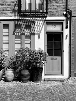 Elegant London townhouse entrance with potted plants and brick facade.