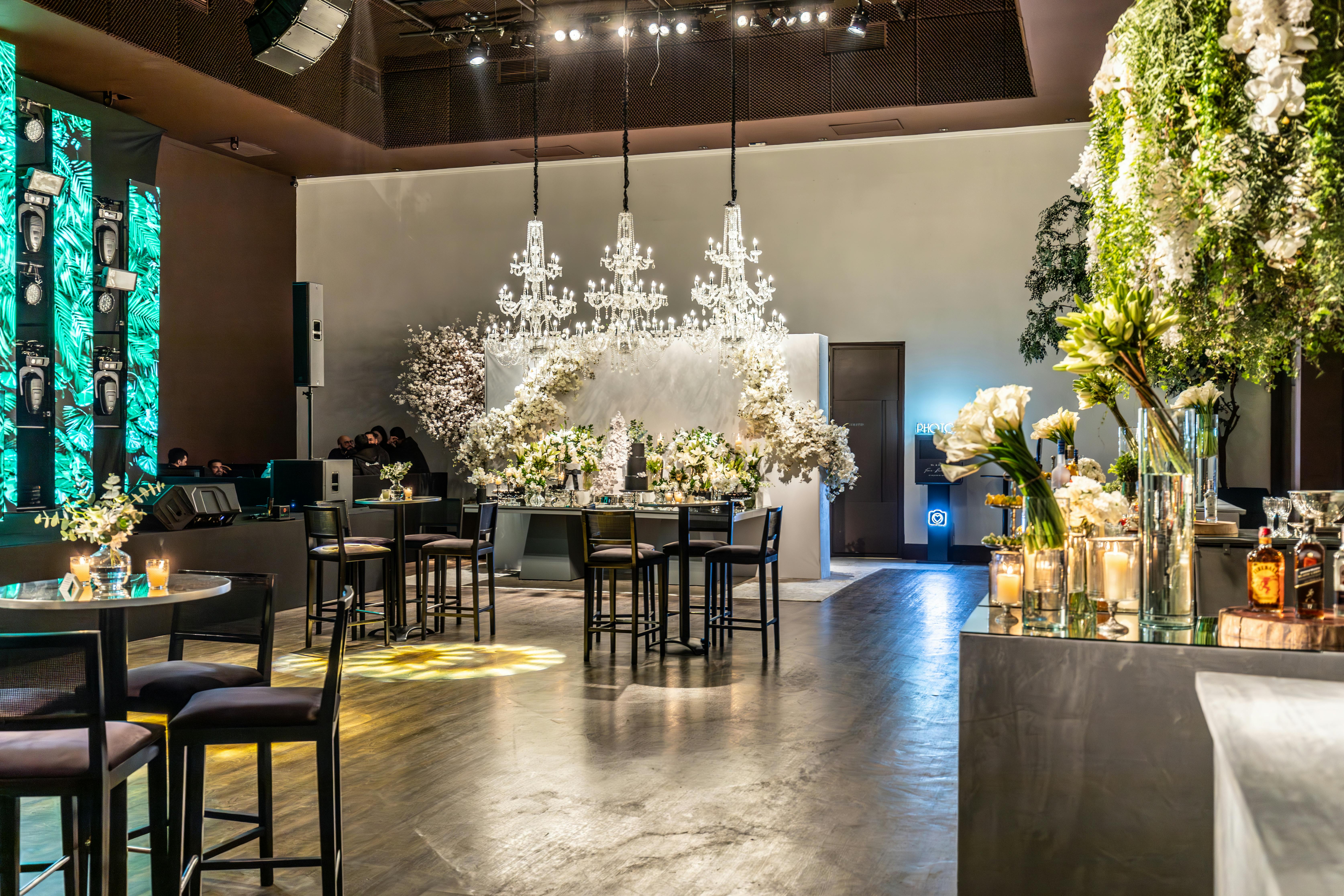 Luxurious banquet hall setup for an elegant event with chandeliers and floral decor.