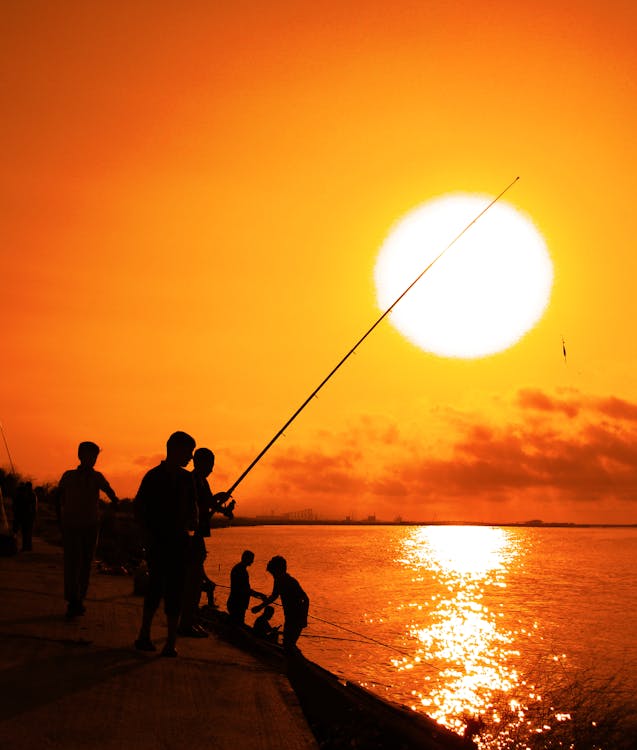 A group of people fishing at sunset on the beach · Free Stock Photo