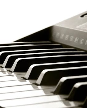 Artistic close-up of piano keys highlighting the textures and shadows.