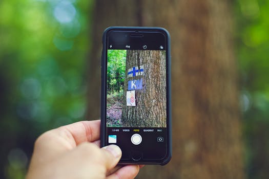 Close-up of a tree trunk captured through a smartphone in a lush green forest.