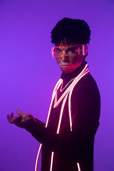 A striking portrait of a young man in futuristic neon fashion, captured in a vibrant studio setting.