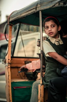 A young girl wearing a school uniform rides in a rickshaw in Hyderabad, capturing a moment of daily life.