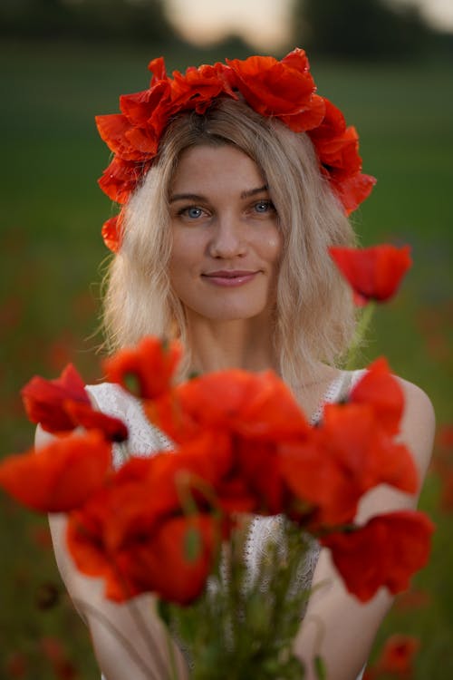 Blonde Woman in Poppy Flowers Wreath