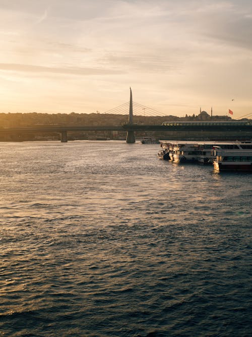 Sea Coast with Halic Bridge in Istanbul at Sunset