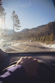 Enjoy a serene drive through a snowy mountain road, surrounded by coniferous trees.