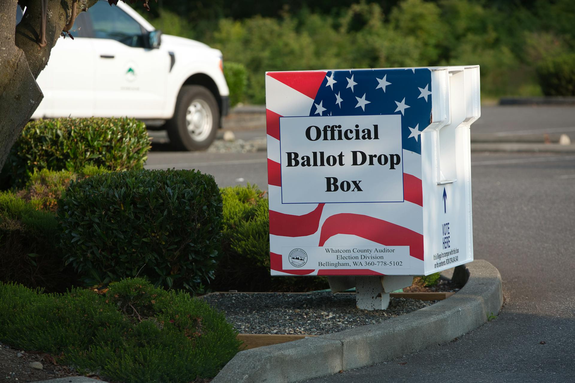 Official ballot drop box for elections in Ferndale, WA, highlighting civic participation.